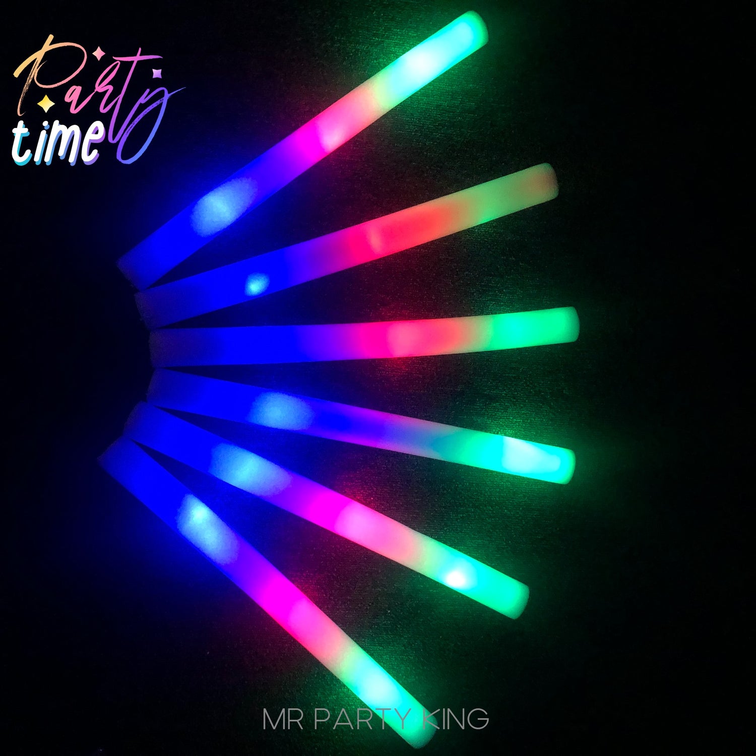  Mr Party King Pack of 100 Custom LED Party Foam Light Sticks  Batons for Wedding, Parties, Birthdays, Guests, Party, DJ, Concerts,  Festivals, Events, Promotions 3 Color Lighting Modes Batteries 16 